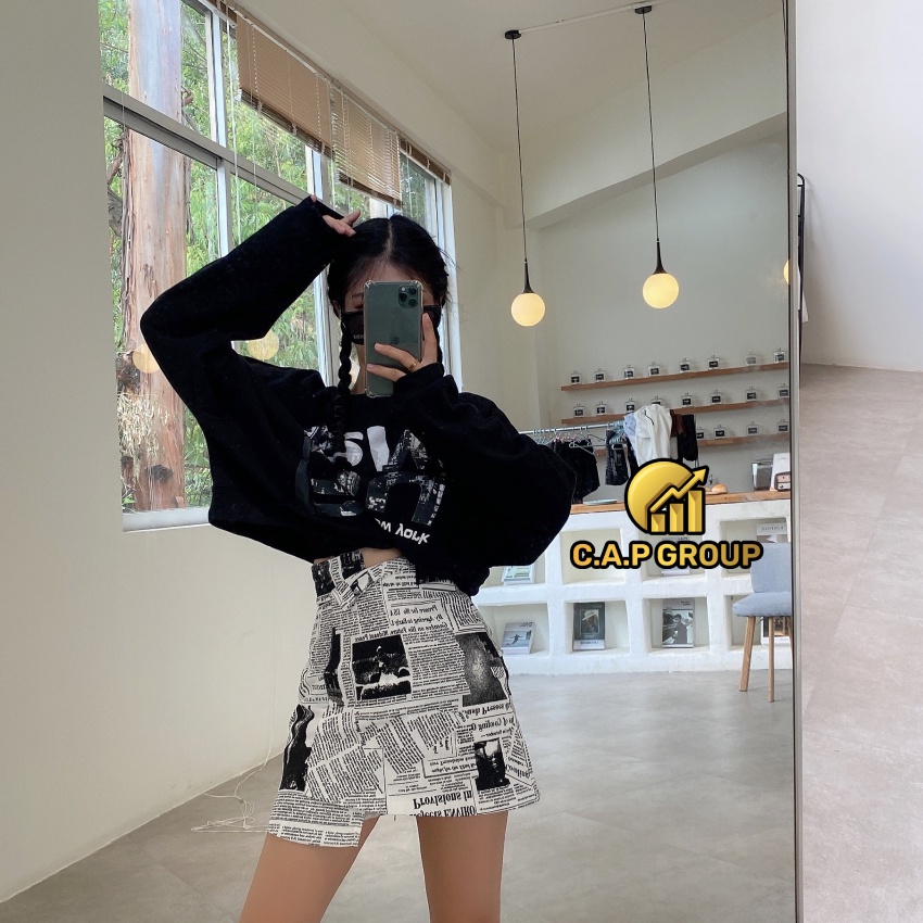Chân váy nữ ngắn chữ A đẹp lưng cao họa tiết Tờ Báo ngầu Kpop