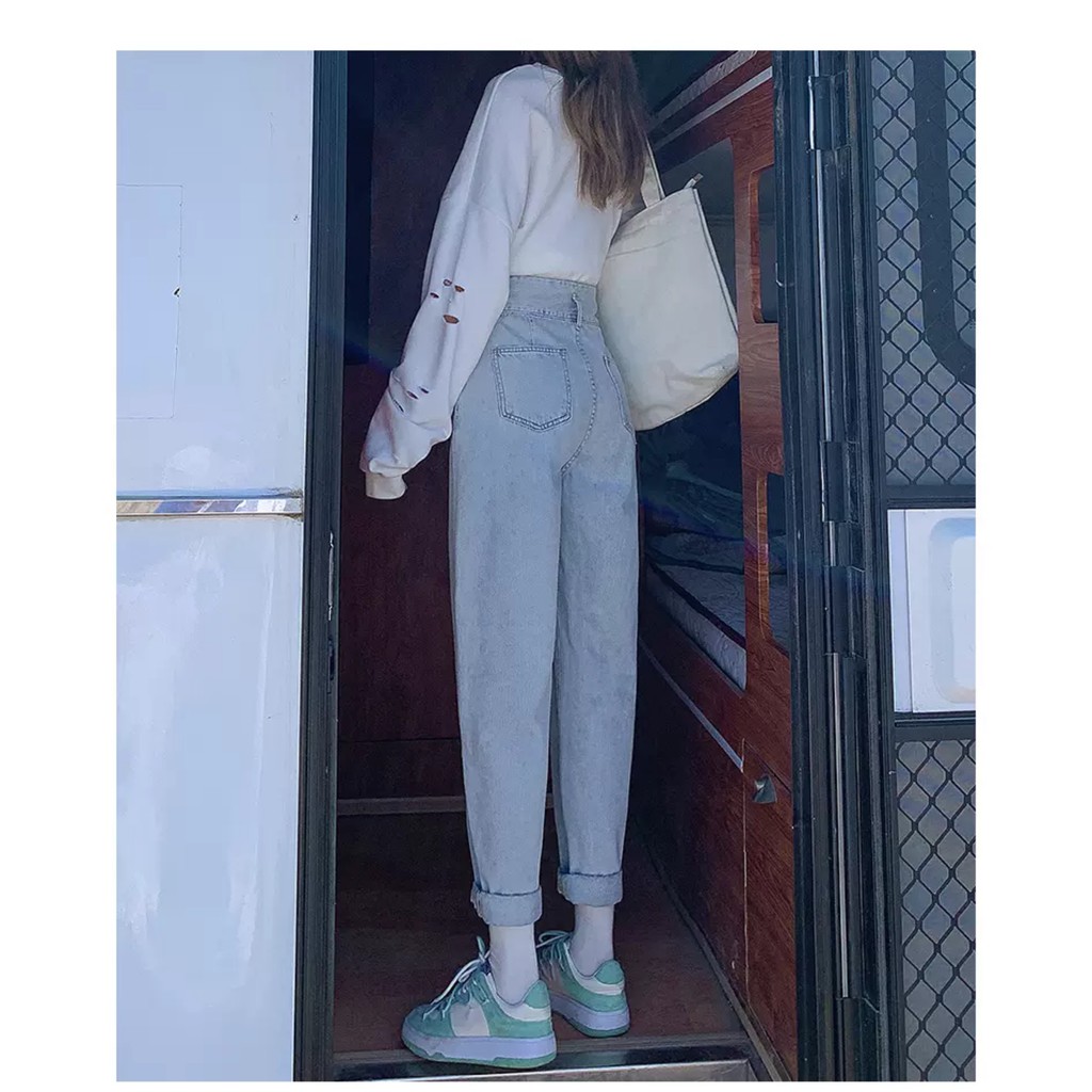 [ TÌNH CỜ ] QUẦN BAGGY JEAN NỮ LƯNG CAO 2 NÚT 2 ĐAI LAI CUỐN XANH NHẠT CAO CẤP UTI TỰ TIN LÊN ĐỒ TÔN DÁNG MUÔN NƠI