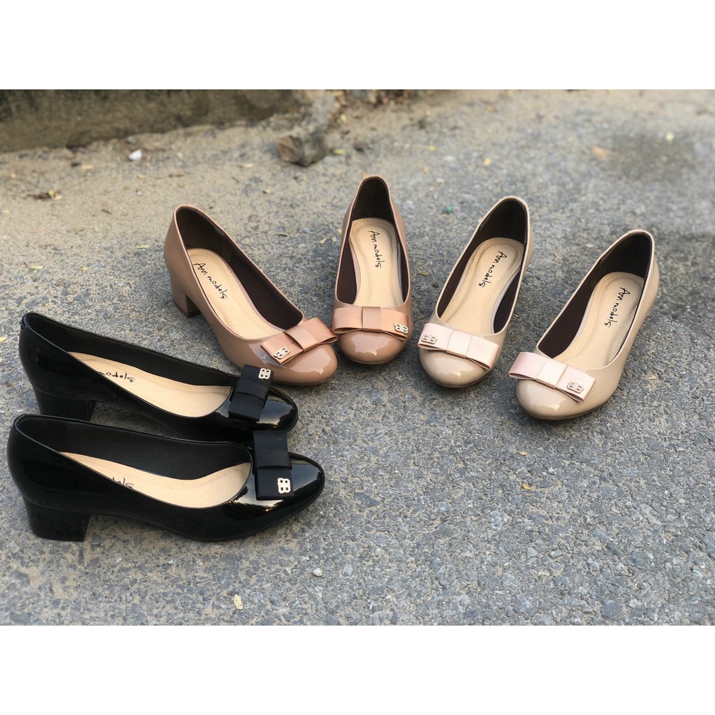 Giày cao gót mũi tròn gót vuông 3 phân gắn nơ BB_893BB