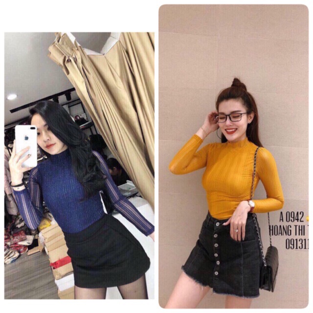 Xả hàng - Áo nhũ cổ 3P dáng ôm dài tay, Áo kiểu vải nhũ cổ cao NT0892 - NhiNhi Shop