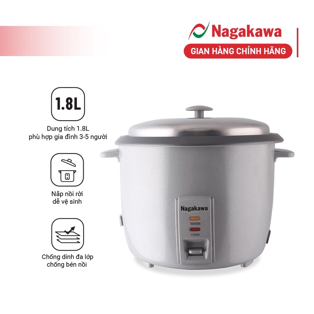 [Mã ELHA22 giảm 6% đơn 300K] Nồi cơm điện nắp rời Nagakawa NAG0129 (2.8L) / NAG0127 (1.8L) - Bảo hành 12 tháng