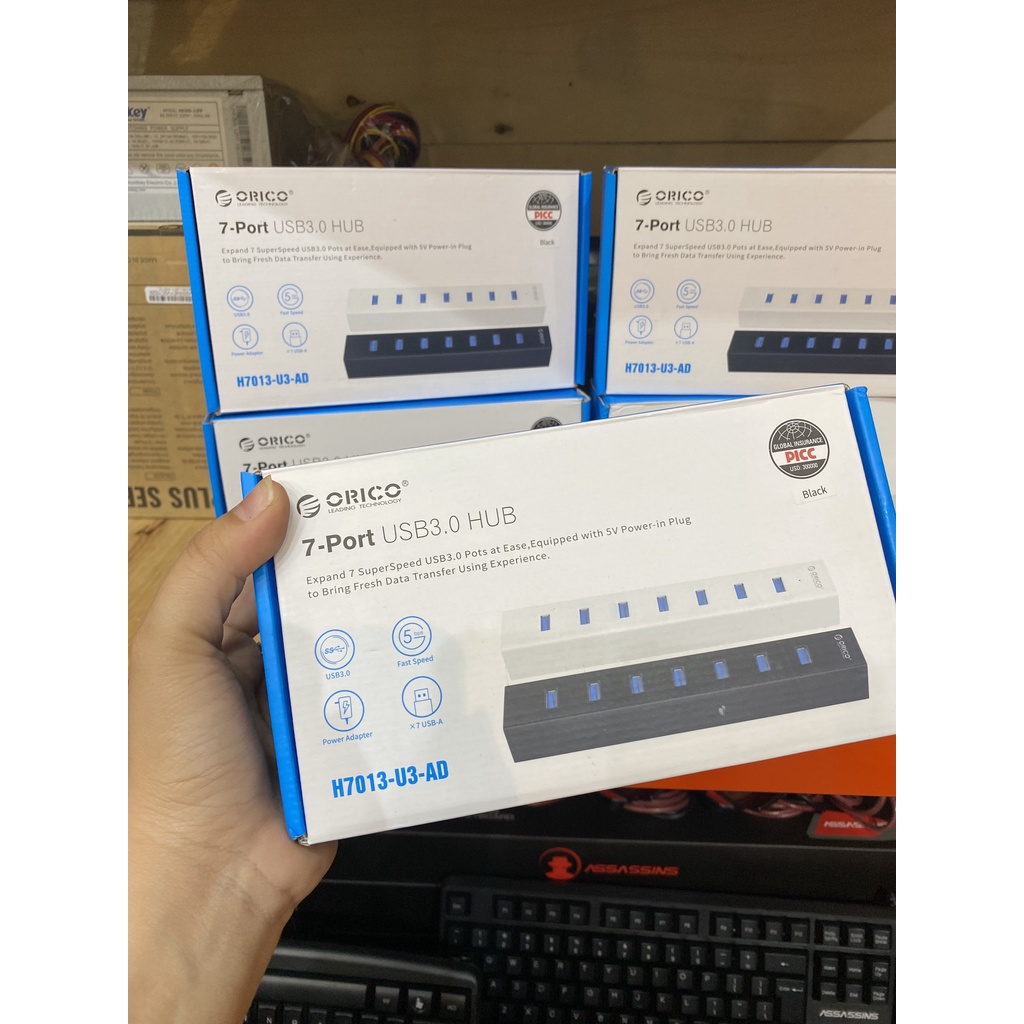 Bộ Chia USB 3.0 7 CỔng Orico H7013-U3-AD Cục Nguồn Cấp Điện - HUB USB 7 Port - Hàng Chính Hãng