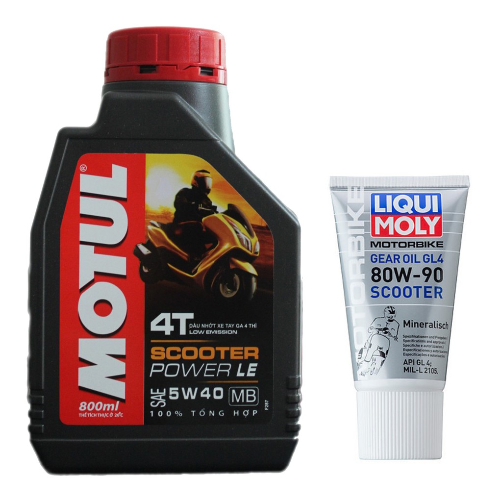 Combo Dầu 0.8lít Motul Scooter Power LE 5w40 + Nhớt Láp 150ml Liqui Moly 80w40 dành cho SH Việt Nam