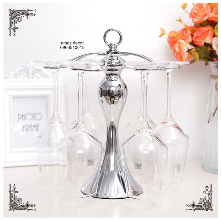 Decor xuất dư Giá treo bộ ly uống rượu vang để bàn Thân bầu inox xịn sang trọng tinh tế cao cấp