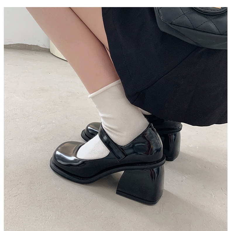 Giày Mary Jane Nữ Cao Gót Đế Vuông Đơn Giản Mũi Tròn Cao 5cm Phong Cách Ulzzang Tiểu Thư Đi Dự Tiệc