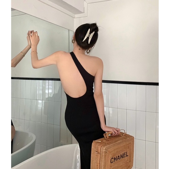 QADCOL  Đầm Hở Lưng Xẻ Tà Phong Cách Retro Thời Trang Hàn Quốc Cho Nữ