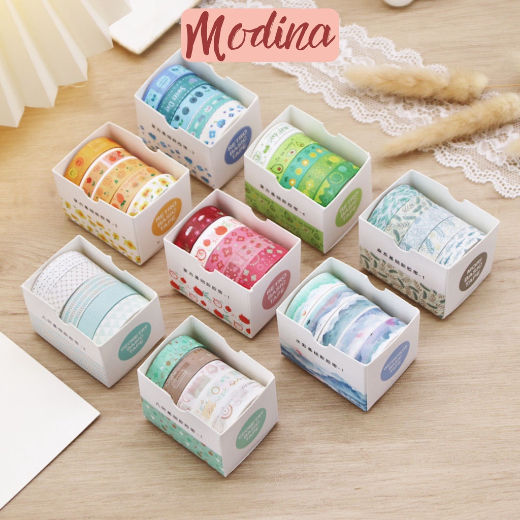 Washi tape cute, set 5 cuộn băng dính giấy họa tiết dễ thương MODINA