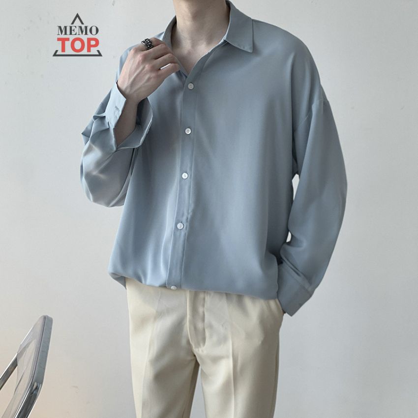 Áo sơ mi nam form rộng dài tay hàn quốc lụa mát giấu cúc đẹp xám xanh trắng đen MEMOTOP MM03