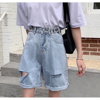 Quần jeans ngố đai nút rách PT