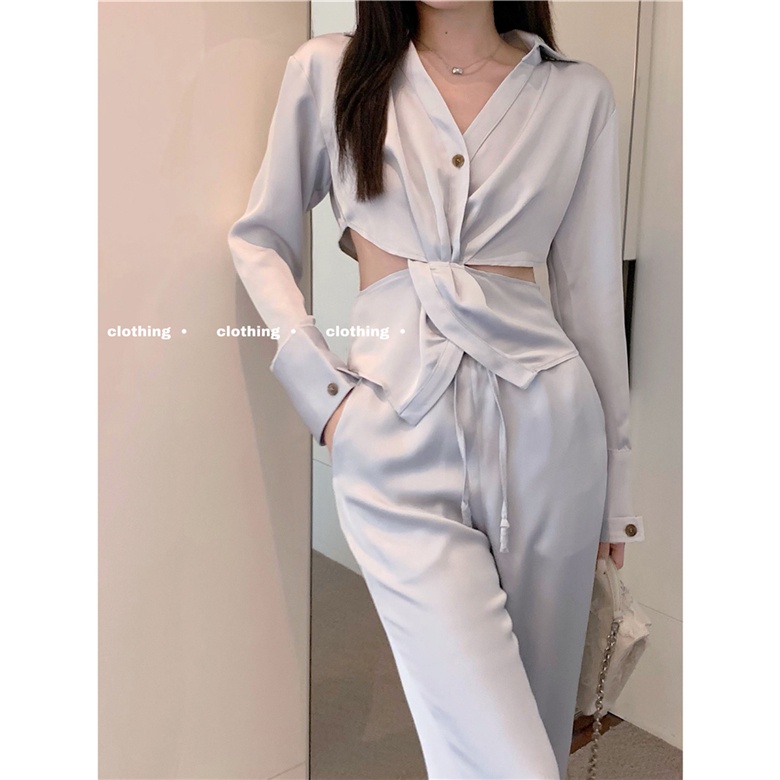 Set đồ nữ áo sơ mi thiết kế hở eo phối quần dài ống rộng hàng Quảng Châu cao cấp phong cách sang trọng