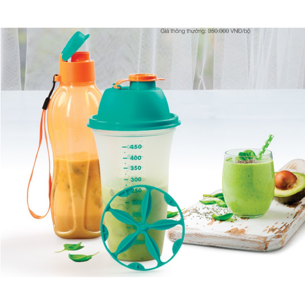 Bộ bình lắc Shake N Go Tupperware 500ml nhựa nguyên sinh trộn đều thức uống có vạch chia dung tích