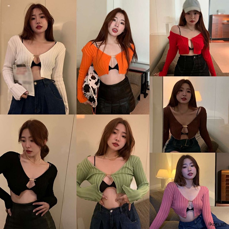 Áo cardigan dệt kim tay dài cổ chữ V khoét sâu màu sắc quyến rũ phong cách Hàn Quốc cho nữ