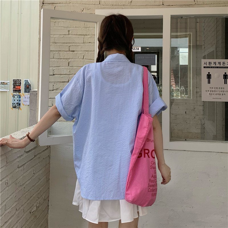 A032 áo sơ mi nữ ngắn tay kẻ các màu chất xốp form rộng oversize hè thu dáng thụng cộc tay lỡ đi học đi chơi