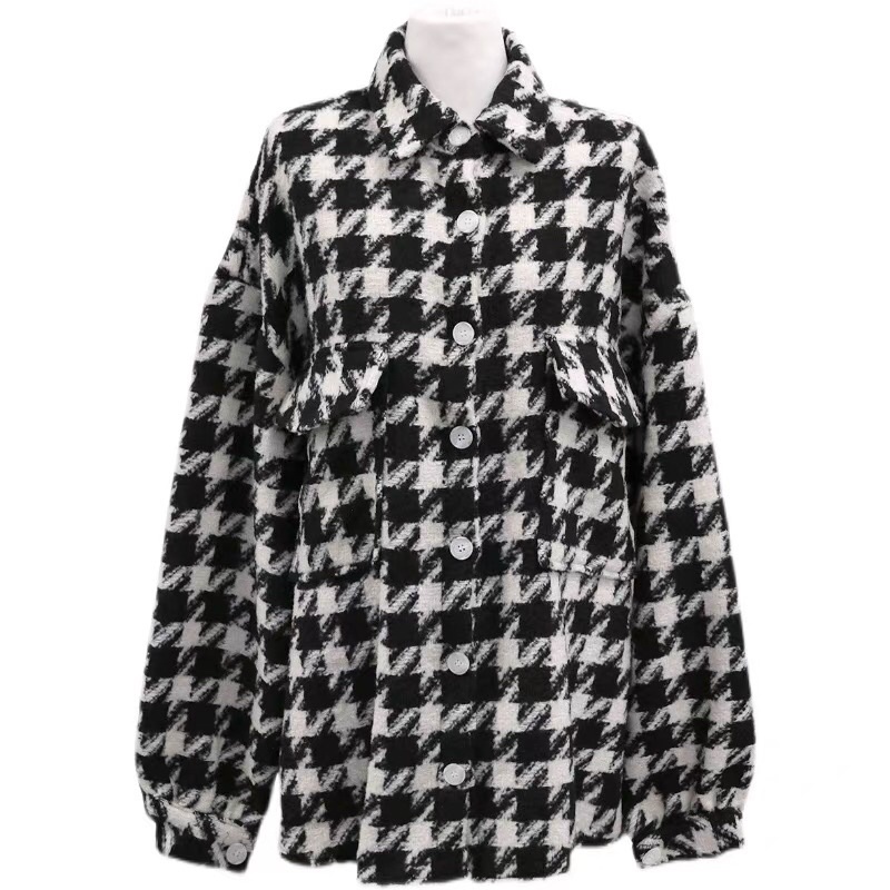 Áo khoác dạ sơmi hoạ tiết houndstooth răng cưa - Áo khoác dạ oversize chần bông (Ảnh thật ở cuối) | BigBuy360 - bigbuy360.vn