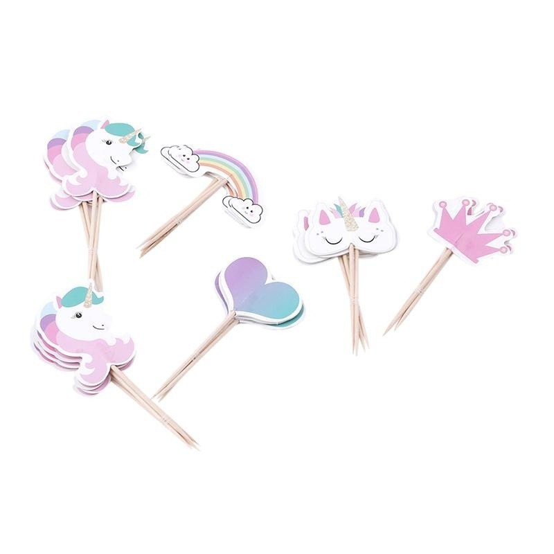 Set 24 Phụ Kiện Trang Trí Bánh Cupcake Hình Kỳ Lân Màu Cầu Vồng Dễ Thương