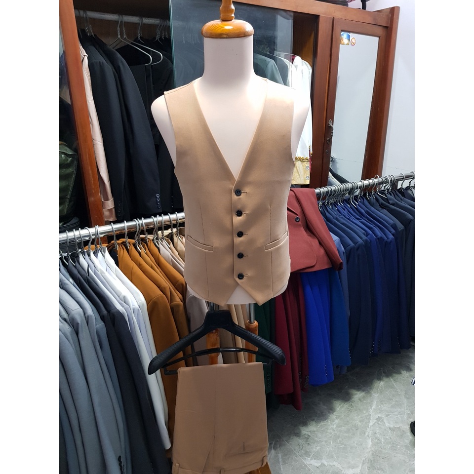 Áo gile nam ôm body màu kem vàng tặng nơ