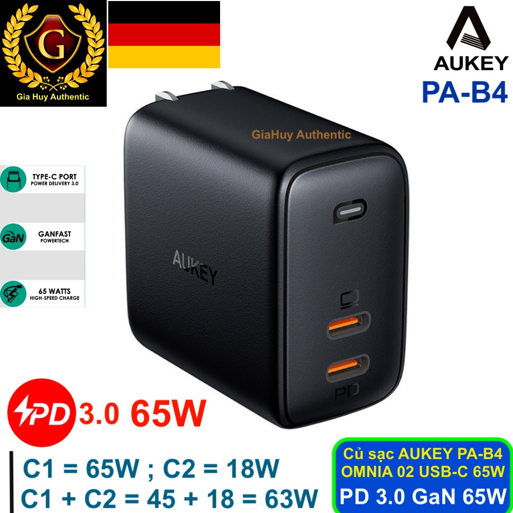 Củ sạc Mac-Pro 2021, iP.ad-Pro, iP13 Series, S9, Note 9, Google Pixel AUKEY PA-B4 Omnia 02 USB-C PD 3.0 65W GaN Tech