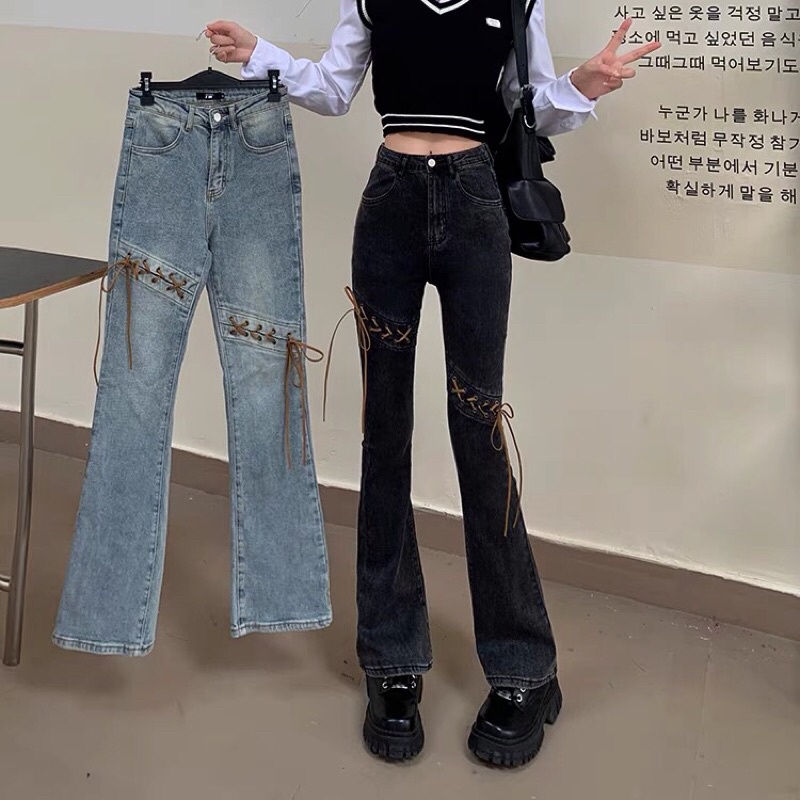 Quần jeans lưng cao ống loe ôm co giãn kiểu thắt dây phần đùi [order]