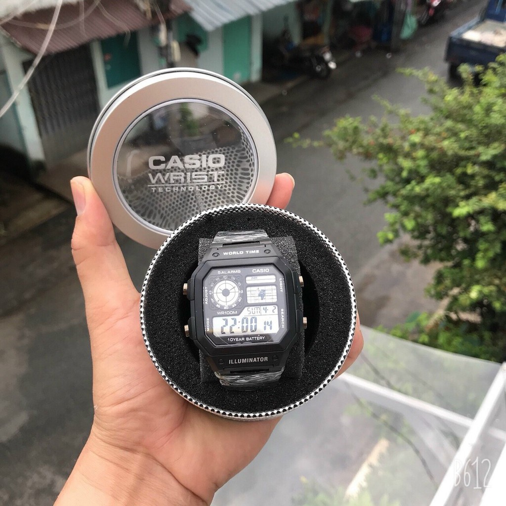 Đồng hồ nam Casio AE 1200-WHD classic chống nước , dây thép không gỉ (dây bạc mặt đen)-FULL BOX THiếc chính hãng