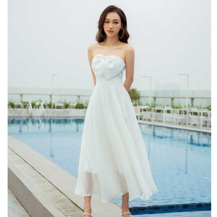 Đầm xòe hai dây, nơ bản to đính ngực Emspo DS4009