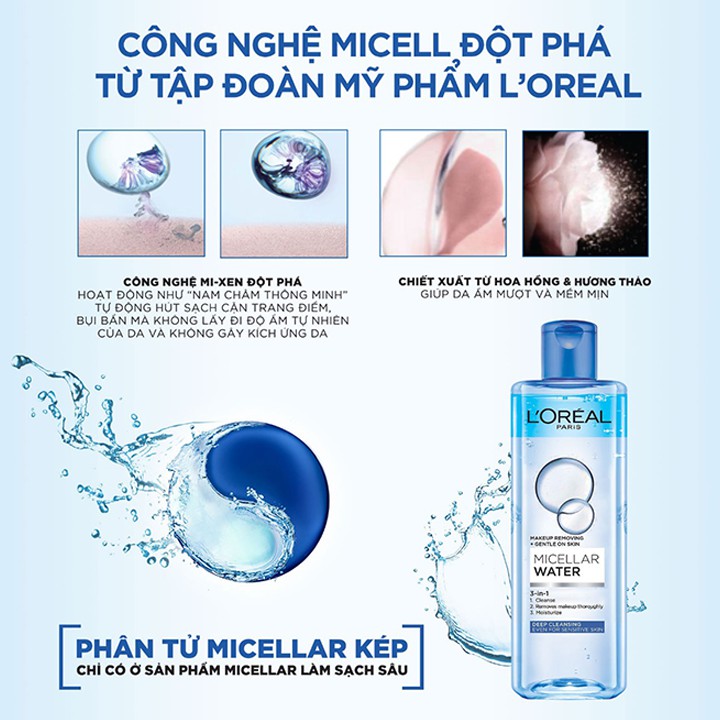 Nước tẩy trang dưỡng ẩm làm sạch sâu L'Oreal 3 In 1 Micellar Water 400ml