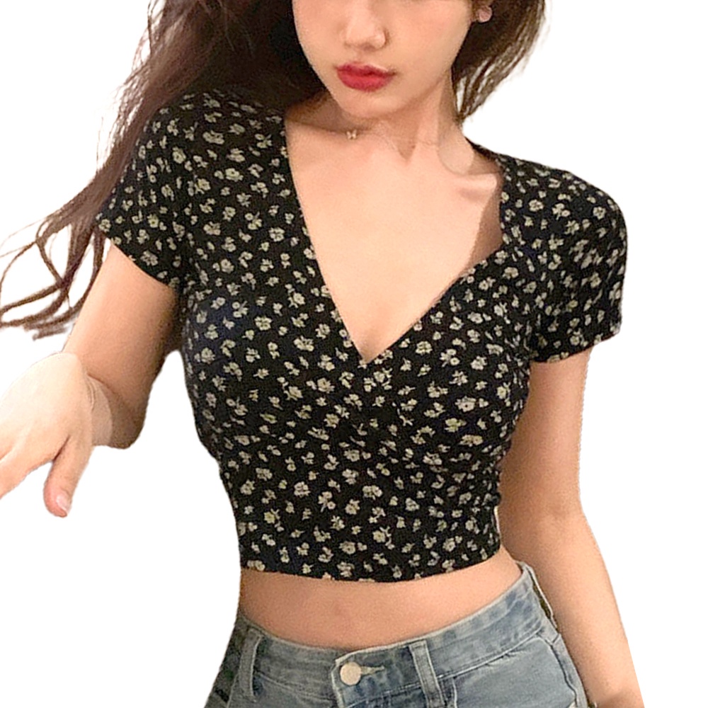 Áo croptop tay ngắn cổ chữ V in hoa quyến rũ thời trang phong cách Hàn Quốc cho nữ