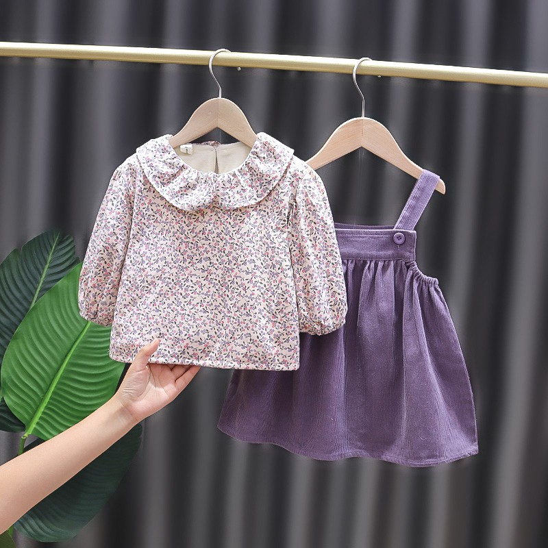Bộ đầm hai dây phối áo sơ mi vải nhung hoa đáng yêu dành cho bé gái 1-4 tuổi