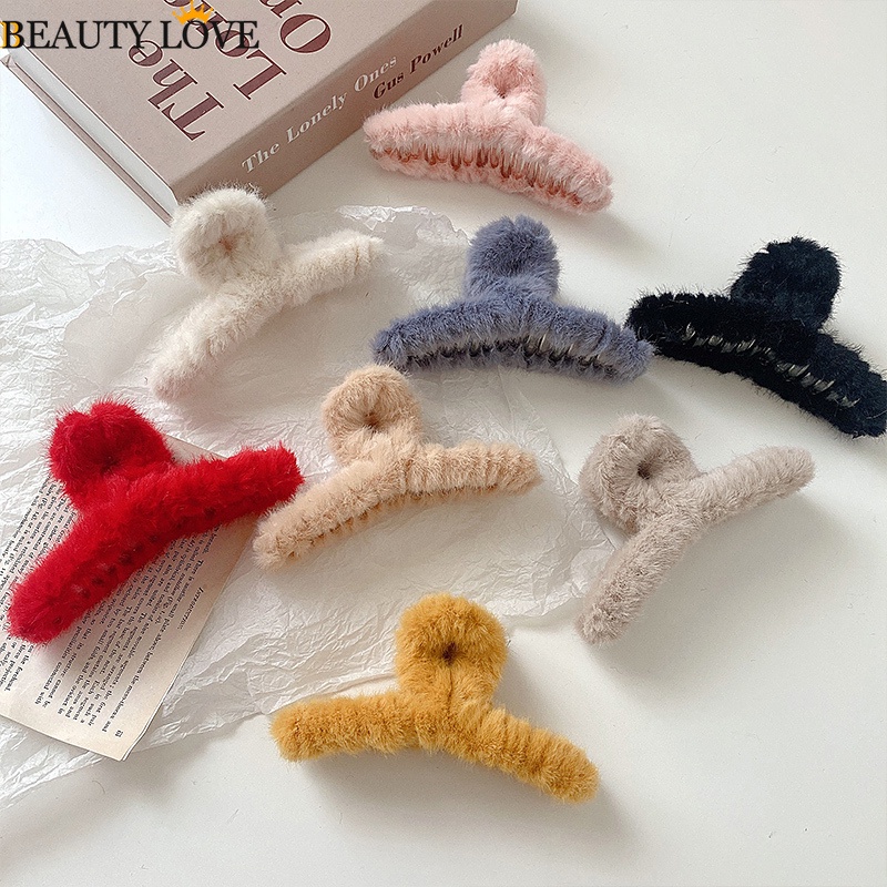 Kẹp Tóc Càng Cua Màu Kẹo Trơn / Trắng Hồng / Xám Bằng Lông Nhung Dễ Thương Xinh Xắn