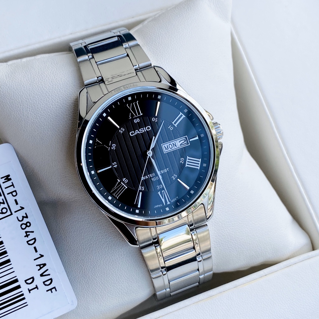 Đồng hồ Nam Casio MTP-1384D-1AV, đồng hồ chính hãng, dây bạc mặt đen