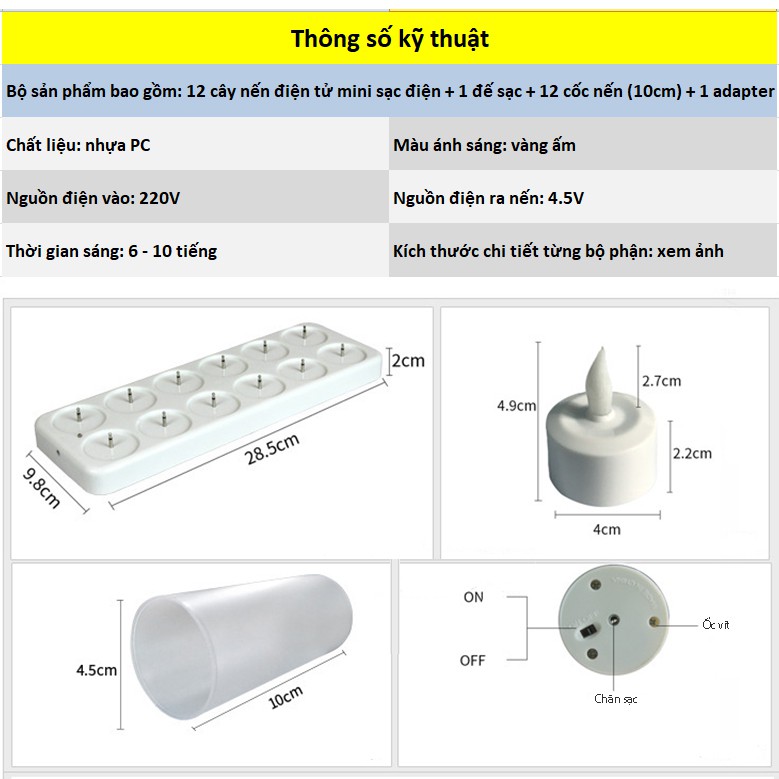 Bộ 12 nến điện tử mini sạc điện CE12