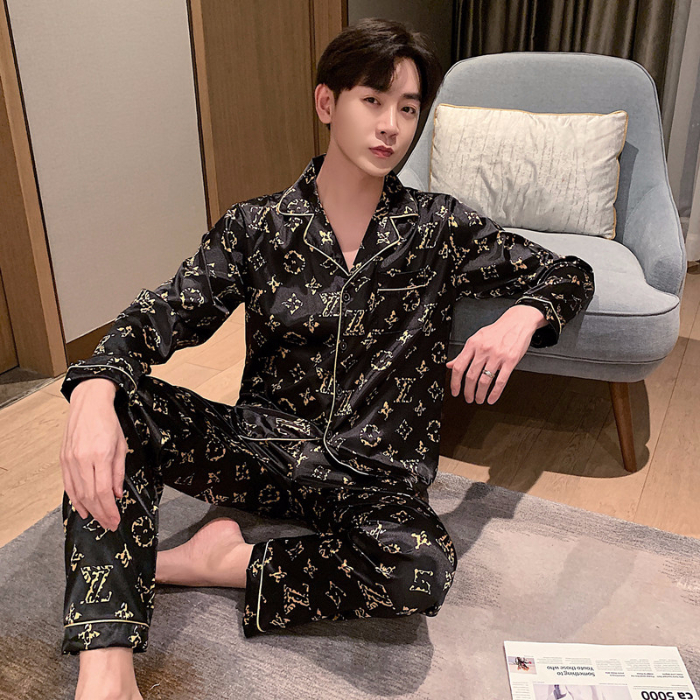 Bộ đồ ngủ tay dài vải lụa phong cách Hàn Quốc cho nam cỡ L-5XL