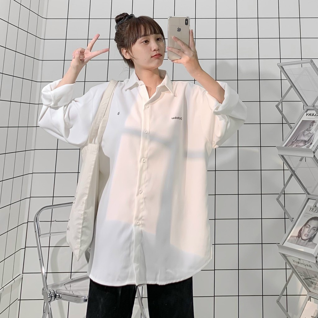 Áo sơ mi nữ form rộng Thêu YOYO 2 màu đen trắng phong cách Hàn Quốc mùa thu 2021 FAMMILYSHOP