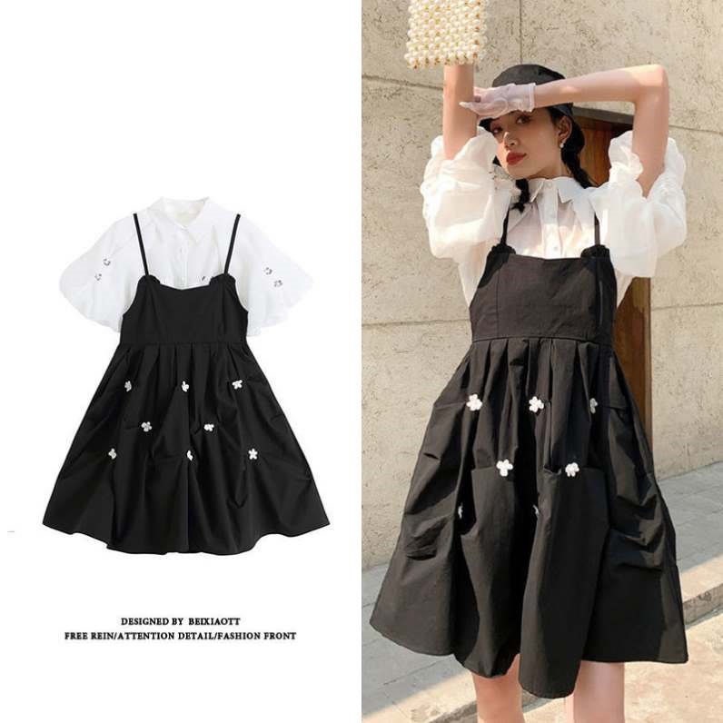 Đầm Hai Dây Màu Đen Họa Tiết Hoa Xinh Xắn Thời Trang Mùa Xuân Thu Theo Phong Cách Pháp Cho Nữ