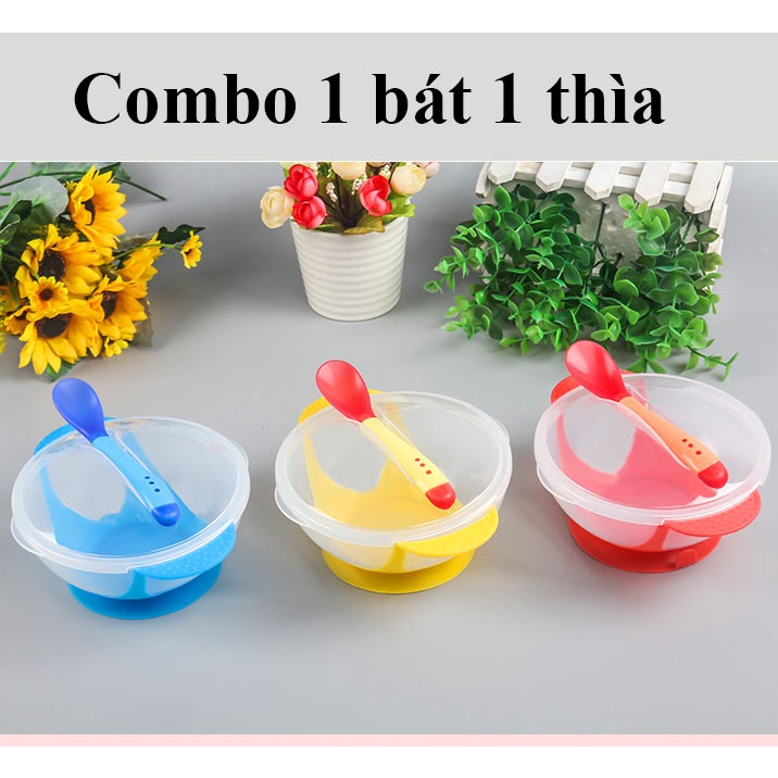 Bộ thìa, bát ăn dặm dính bàn cho bé - Thìa báo nóng