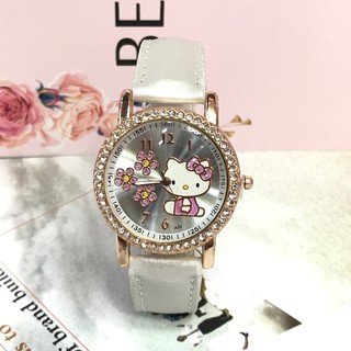 Đồng hồ kim cương bằng da hoạt hình Hello Kitty Đồng hồ thạch anh nữ / bé gái dễ thương