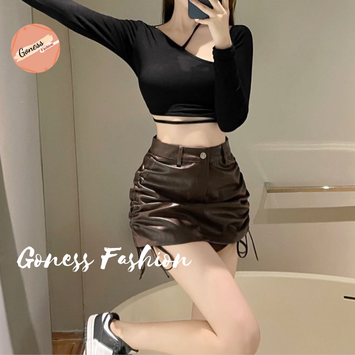 Chân váy Goness kiểu rút dây 2 bên dáng ngắn chất liệu da nữ body nhún hông ulzzang