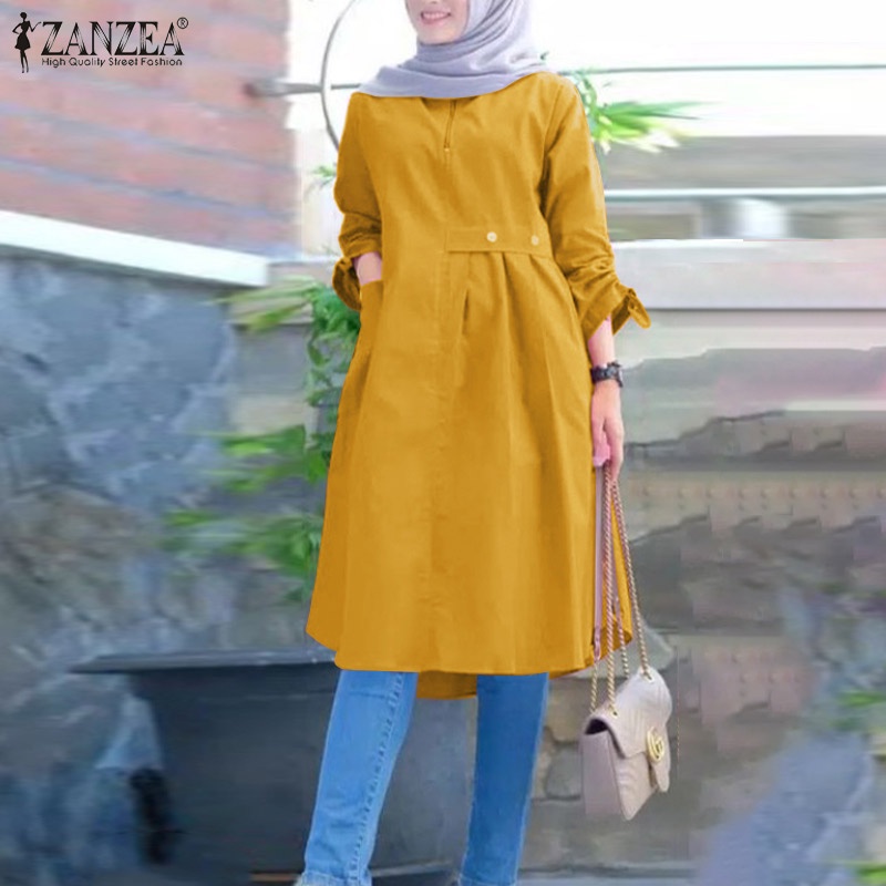 Zanzea Vintage Solid Color Áo dài tay trên cho phụ nữ Hồi giáo