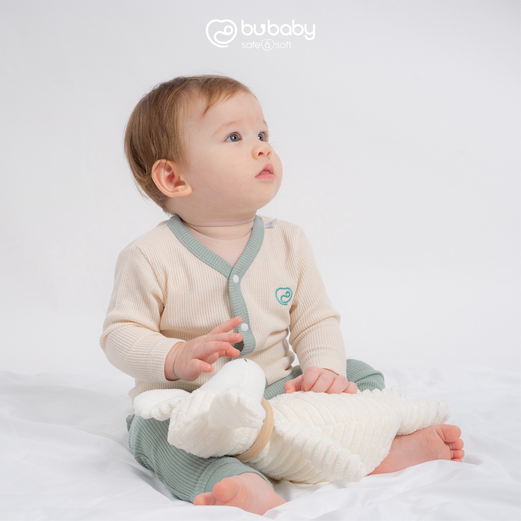 [CHÍNH HÃNG] Bộ quần áo dài tay cài giữa chất liệu bamboo cotton Waffle trẻ em Bu