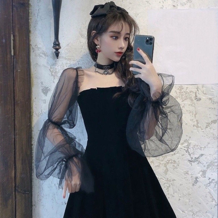 Đầm nhung đen dáng chữ A tay phồng phối lưới phong cách retro gợi cảm