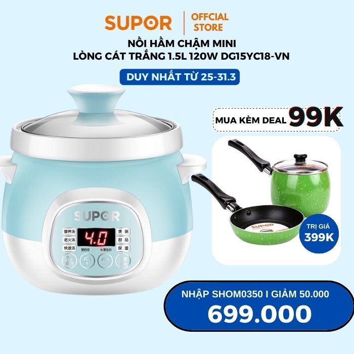 NỒI HẦM CHẬM ĐA NĂNG CHO BÉ VUNG KÍNH GỐM SỨ 1.5 L Supor DG15YC18 vung kính hàng chính hãng bảo hành 12 tháng