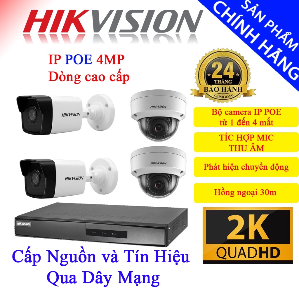 Trọn bộ Camera 4 Mắt IP POE HIKVISION 4.0MP Tíc Hợp Mic Thu Âm - Hàng Chính Hãng, bảo hành 2 năm