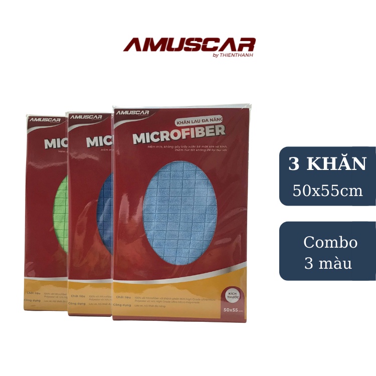 COMBO 3 màu Khăn lau xe đa năng Microfiber size 50x55cm AmusCar