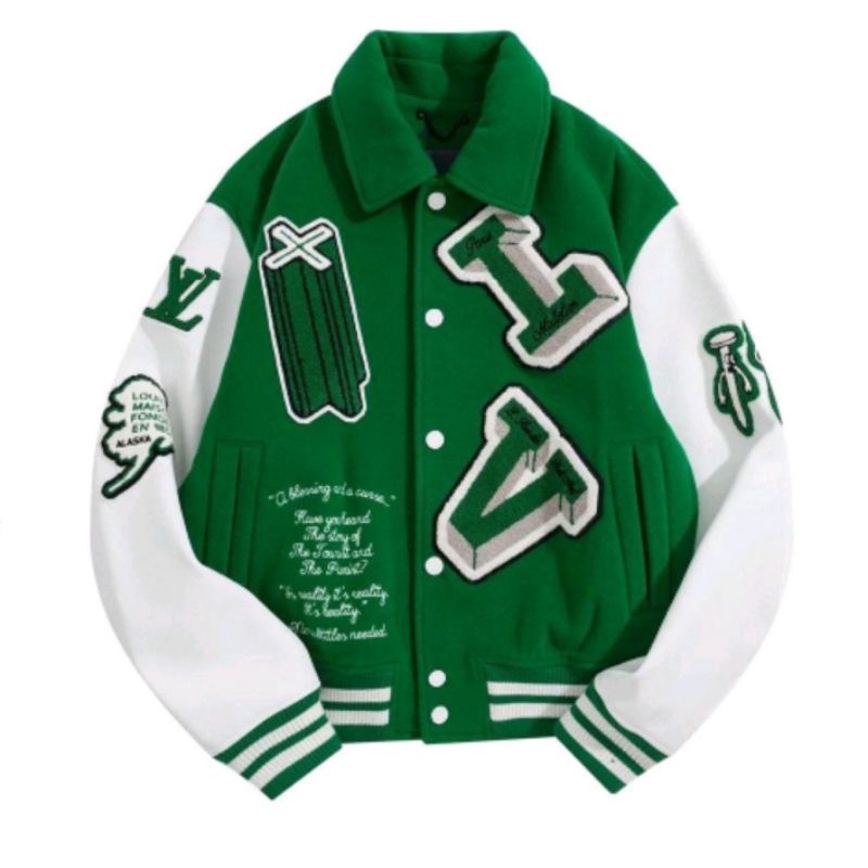 Áo varsity jacket LV Luôn Vui Tươi SS21 màu xanh bản cao cấp, Áo khoác bóng chày nam nữ LV thêu hình