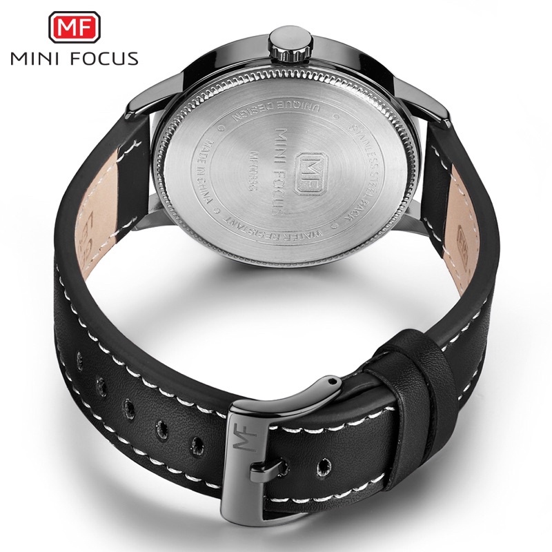 Đồng hồ nam MINI FOCUS MF0033G.03 dây da thật màu đen viền thép không gỉ màu đen 3 kim hàng chính hãng cao cấp Nhật Bản