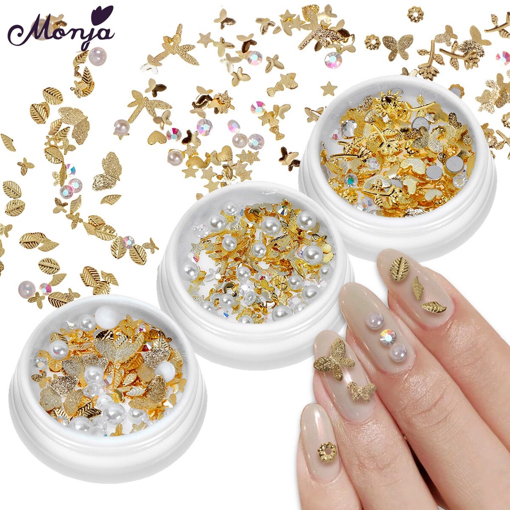 [Hàng mới về] Phụ kiện hạt sequin 3D Monja trang trí móng hình bướm hoa lá chuồn chuồn ngọc trai kim cương giả kiểu