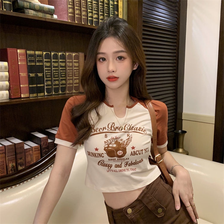 Áo Thun Tay Ngắn Cổ Chữ V Phối Màu Tương Phản Phong Cách Mỹ JH-TX-278