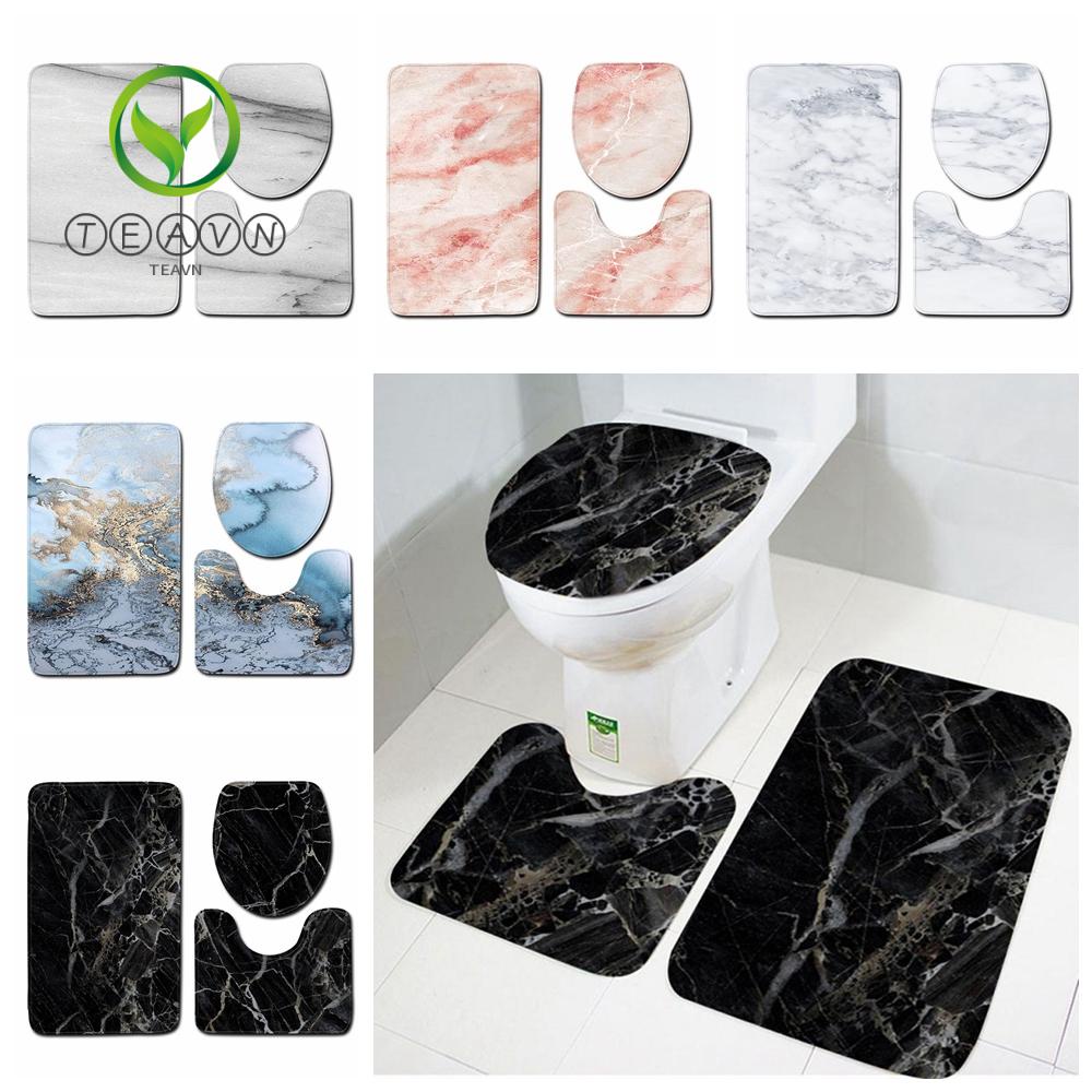Bộ 3 tấm lót trang trí nhà tắm cho nắp bồn cầu + thảm lót chống trượt in họa tiết vân đá