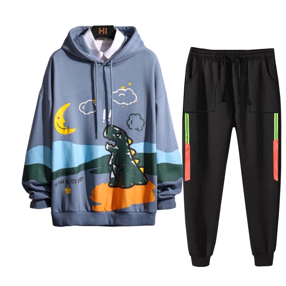 Set Bộ 2 Món Quần Dài + Áo Hoodie Nón Nam Nữ Unisex Chất Vải Nỉ CB2_WAH033NO_MQU075NODEF7 (Khủng Long + 2 Sọc Túi Vuông)