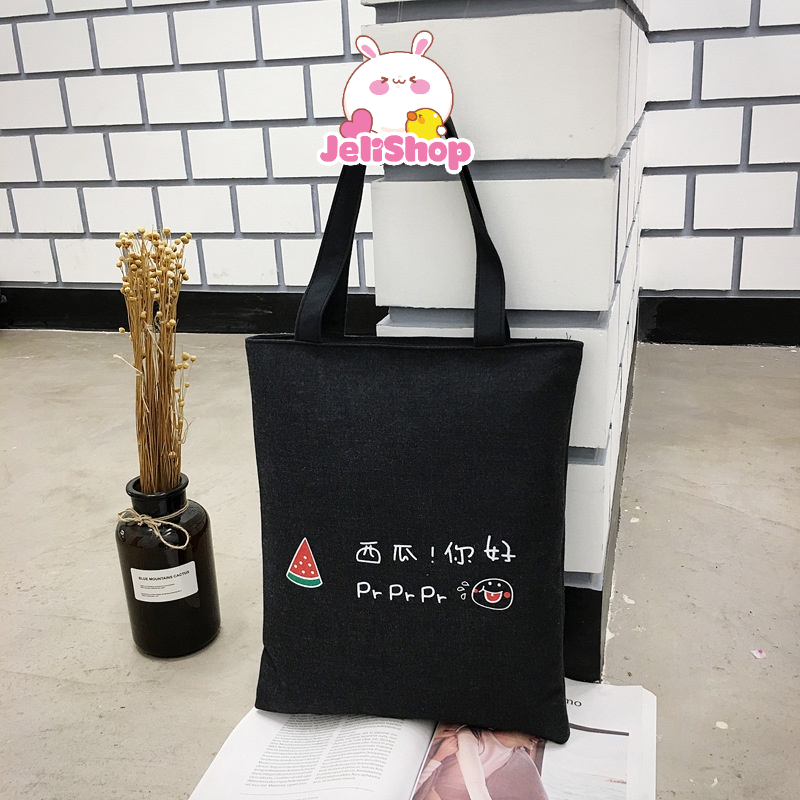 Túi Tote Vải Đen Canvas Đeo Vai Ullzang Hàn Quốc Họa Tiết Dễ Thương JeliShop