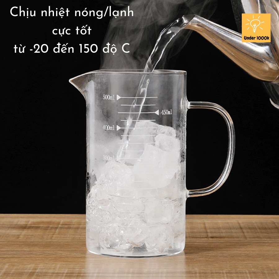 Cốc chia vạch - cốc thủy tinh - có nắp chịu nhiệt tốt làm cốc uống cà phê hoặc bình pha sữa có chia ml